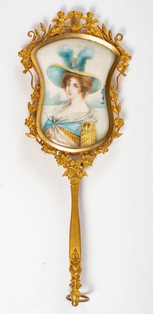 Miroir à main en bronze ciselé et doré, XIXème siècle|||||||