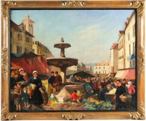 Albert Dagnaux huile sur toile Jour de Marché sur la Place de l’Hôtel de Ville de Mantes la Jolie vers 1900||