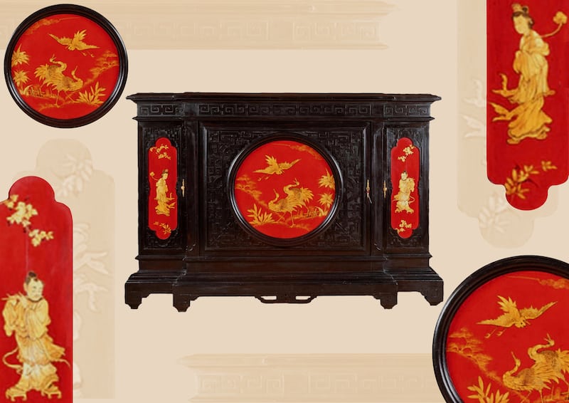 Grand meuble d’appui chinoisant en bois laqué noir, rouge et or, vers 1880