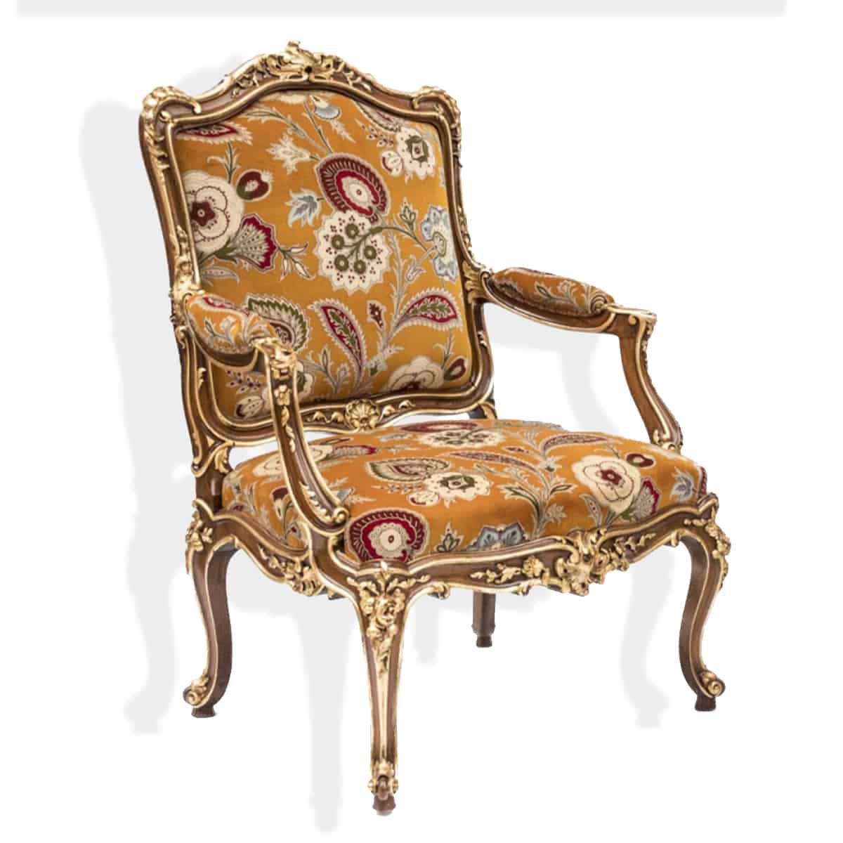 Paire de fauteuils à châssis style Louis XV, noyer rehauts or, vers 1950