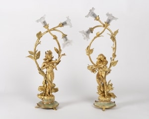 Paire de lampes Art Nouveau en bronze doré et cristal|||||||