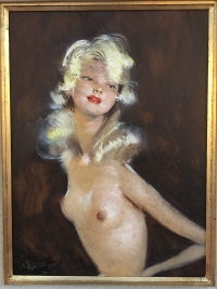 DOMERGUE Jean Gabriel Tableau XXème Siècle Peinture Mondaine Jolie blonde en buste Huile sur isorel signée