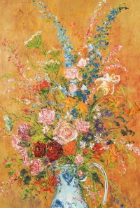Serge Belloni « Le peintre de Paris » - Bouquet de Fleurs aux Reflets Dorés huile sur toile