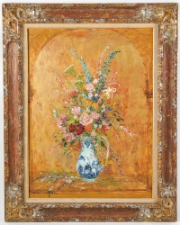 Serge Belloni « Le peintre de Paris » - Bouquet de Fleurs aux Reflets Dorés huile sur toile