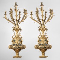 A Pair of French 19th Century Ormulu and Green Marble Candelabras.