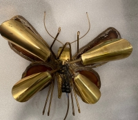 1970’Applique Papillon en Bronze ou Laiton, Duval Brasseur Ou Isabelle Faure, 4 Ampoules, Ailes d’Agate : 33 X Hauteur 2