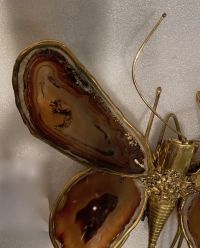 1970’Applique Papillon en Bronze ou Laiton, Duval Brasseur Ou Isabelle Faure, 4 Ampoules, Ailes d’Agate : 33 X Hauteur 2