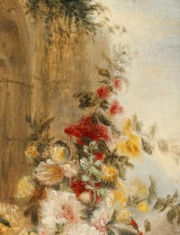 Bouquet champêtre à la ruine petite huile sur toile signée et datée 1890