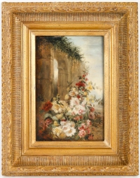 Bouquet champêtre à la ruine petite huile sur toile signée et datée 1890