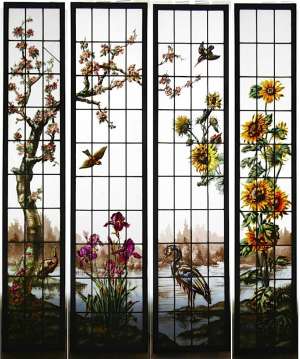 4 vitraux hérons, oiseaux, cerisier et tournesols vers 1900