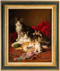 Jules Gustave Leroy (1856 - 1921) : Famille de chats à la pelote de laine.