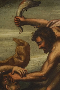 Huile sur panneau dans son cadre en bois doré, représentant la scène biblique de Cain et Abel. Travail européen du XVIIIe siècle, probablement école espagnole (mention Arcayos au revers).