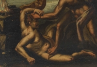 Huile sur panneau dans son cadre en bois doré, représentant la scène biblique de Cain et Abel. Travail européen du XVIIIe siècle, probablement école espagnole (mention Arcayos au revers).