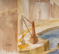 Dessin sur papier sous verre, encadré, signé Luez, XXème siècle. Vue d&#039;un Port Oriental.