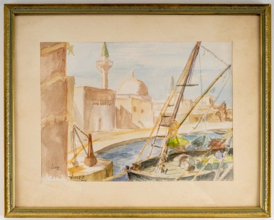 Dessin sur papier sous verre, encadré, signé Luez, XXème siècle. Vue d&#039;un Port Oriental.|||||||