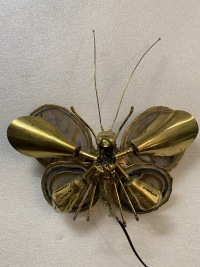 1970’ Applique Papillon en Bronze ou Laiton, Duval Brasseur Ou Isabelle Faure, 4 Ampoules, Ailes d’Agate