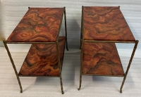 1950′ Paire de Tables Maison Baguès Décor Bambou en Bronze Doré Avec Plateaux Bois Décor Marbre 64 X 39 X H 58 cm