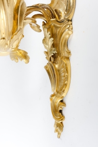 Importante paire d&#039;appliques en bronze doré, finement ciselé, style Louis XV Rocaille, circa 1880