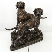 Groupe En Bronze De Deux Chiens De Chasse Par Edouard Drouot (1859-1945)