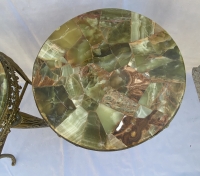 1970′ Paire de Sellettes en Bronze Doré Style LXV Plateaux Marquetterie D’Onyx