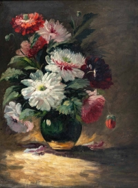Huile sur toile bouquet de pivoine fin XIXème siècle