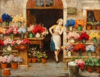 Huile sur toile, &quot;La marchande de fleurs de Venise&quot;, par Cesare Vianello, fin XIXème siècle