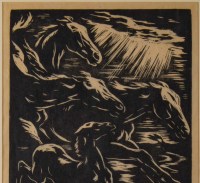 Engraving, Signed, 1928, Representative Stylized Horses Running, Framed