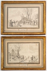 Deux lavis, scènes de patinage, signées Nicolaes Mattijsz Aartman