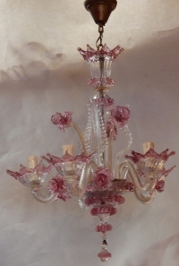 1950/70 Paire de Lustres Murano 5 Bras Cristal Naturel et Cristal Couleur Rose
