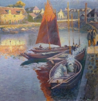Max Bouvet Peinture Française Marine 20ème Siècle Petit Port Breton Huile Sur Panneau Signée