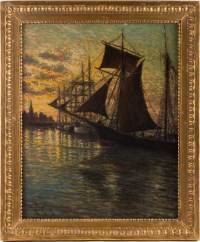 Tableau de Marine &quot;Coucher de soleil sur le port&quot; signé Charles MOOTZ