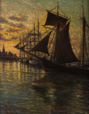 Tableau Marine coucher de soleil sur le port signé Charles MOOTZ||||||||||