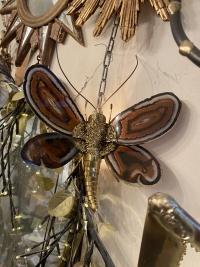 1970’ Applique Papillon en Bronze ou Laiton, Duval Brasseur Ou Isabelle Faure, 1 Ampoule, Ailes d’Agate