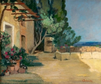 Lucien Adrion (1889-1953) - huile sur toile vers 1920-1930 - Une terrasse sur la Méditerranée