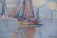 MORCHAIN Paul Peinture 20è Bateaux de pêche sortant du port de La Rochelle Huile signée