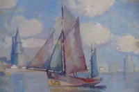MORCHAIN Paul Peinture 20è Bateaux de pêche sortant du port de La Rochelle Huile signée