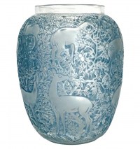 Vase &quot;Biches&quot; verre blanc patiné bleu de René LALIQUE