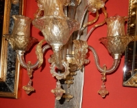 1950/70′ Paire d’Appliques à 3 Bras de Lumière en Cristal de Murano Avec Paillons d’Or