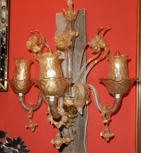 1950/70′ Paire d’Appliques à 3 Bras de Lumière en Cristal de Murano Avec Paillons d’Or