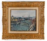 Serge Belloni « Le peintre de Paris » - Paris La Seine en hiver huile sur panneau vers 1960