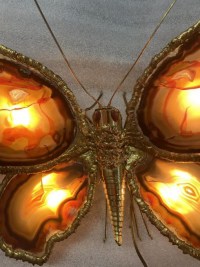 1970’Applique Papillon en Bronze ou Laiton, Duval Brasseur Ou Isabelle Faure, 4 Ampoules, Ailes d’Agate : 44 X H 46 cm