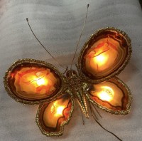 1970’Applique Papillon en Bronze ou Laiton, Duval Brasseur Ou Isabelle Faure, 4 Ampoules, Ailes d’Agate : 44 X H 46 cm