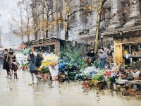 Galien Laloue Peinture 20è Paris Le Marché Aux Fleurs De La Madeleine Gouache Aquarellée Signée