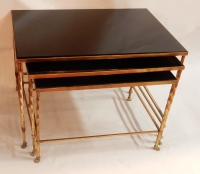 1970′ Série de 3 Tables Gigognes Maison Baguès Modèle Bambou 3 Plateaux Opaline Noire