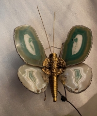 1970’Applique Papillon en Bronze ou Laiton, Duval Brasseur Ou Isabelle Faure, 1 Ampoule, Ailes d’Agate : 30 X Hauteur 38