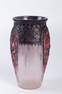 Vase &quot;Primevères&quot; pâte de verre rose, violette, noire et blanche - Gabriel ARGY-ROUSSEAU