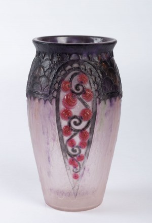 Vase &quot;Primevères&quot; pâte de verre rose, violette, noire et blanche - Gabriel ARGY-ROUSSEAU|||||||||