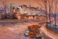 Serge Belloni Le peintre de Paris - Soleil tombant sur l’Ile de la Cité vers 1970-1980 huile sur toile