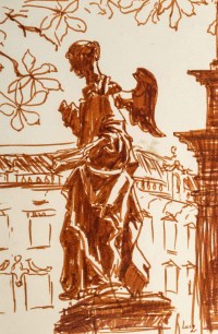 Dessin au feutre ocre de Luez, XXème siècle, représentant une suite de statues, encadré sous verre