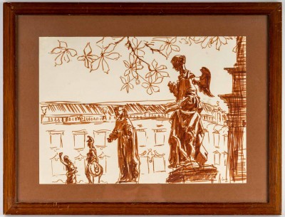 Dessin au feutre ocre de Luez, XXème siècle, représentant une suite de statues, encadré sous verre.|||||||
